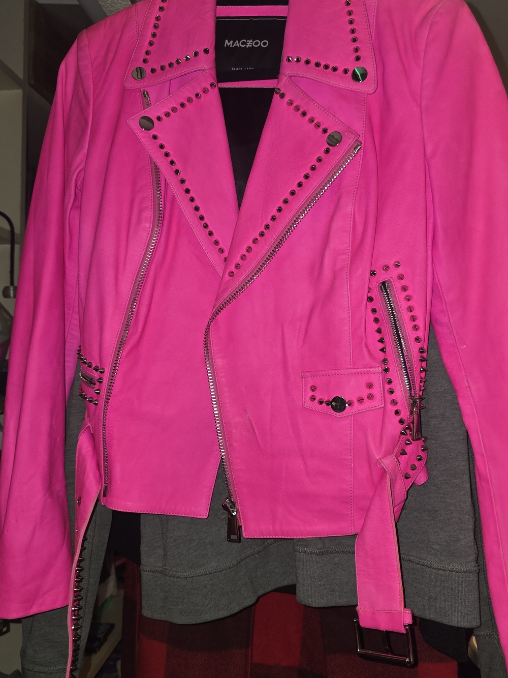 MACEOO  Hot Pink Studded Leather  Jacket